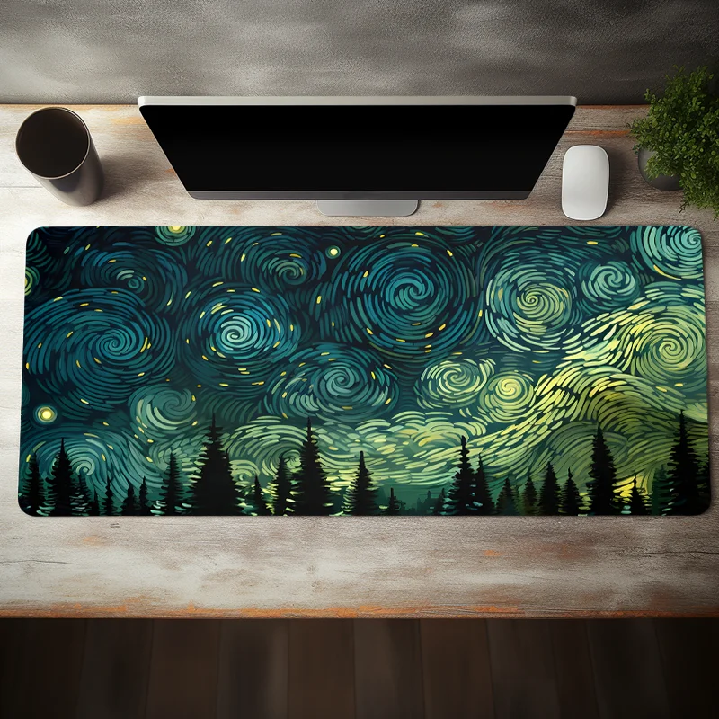 Starry Night Forest Extended Gaming Mouse Pad Large Non-Slip Rubber Base Desk Mat with Stitched Edges for Home Office and Gaming