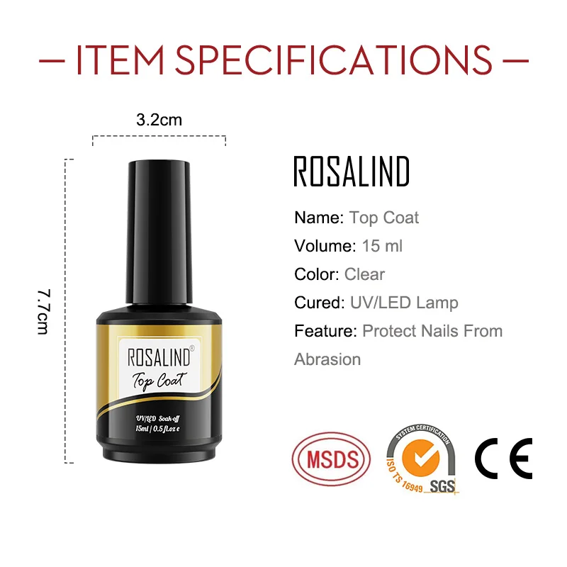 ROSALIND 15Ml Top Coat Gel UV กึ่งถาวรโคมไฟ LED Soak Off เล็บยาวนานการตกแต่งศิลปะเล็บภาษาโปลิชคำ Top Coat