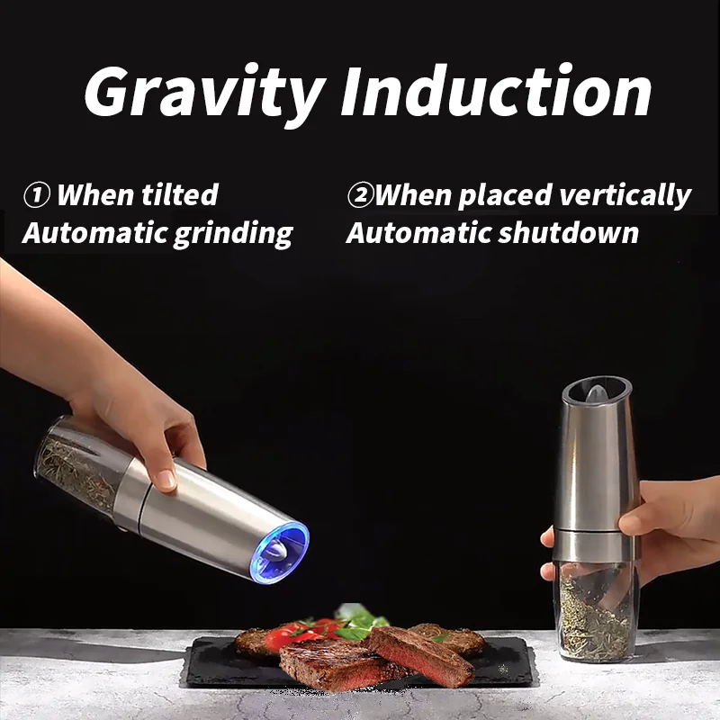 Electric Automatic Mill Pepper And Salt Grinder Gravity induction Adjustable Coarseness Kitchen Steak Tool  Battery Powered