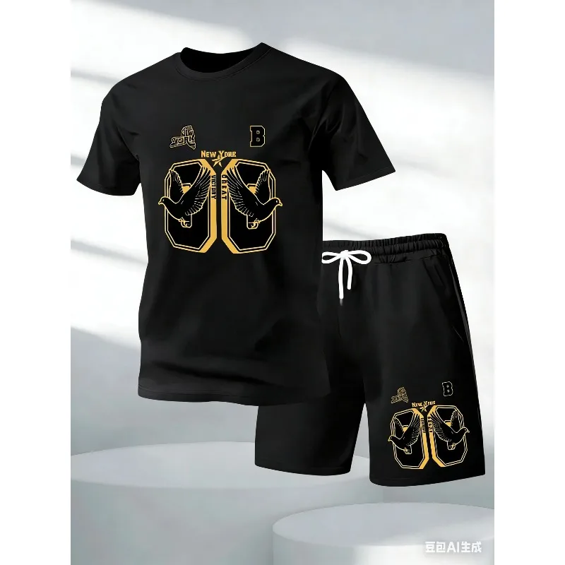 

Fashionable summer men's short sleeved T-shirt and shorts set casual round neck short sleeved shorts two-piece set