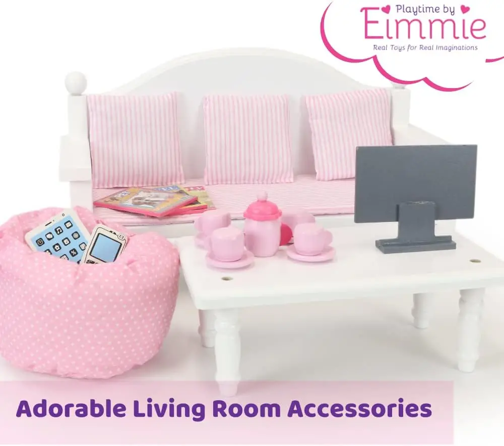 18-Zoll-Puppenmöbel-Couch- und Couchtisch-Set – Weiß, Holzspielset mit Wohnzimmerzubehör, passend für 14- bis 18-Zoll-Puppen