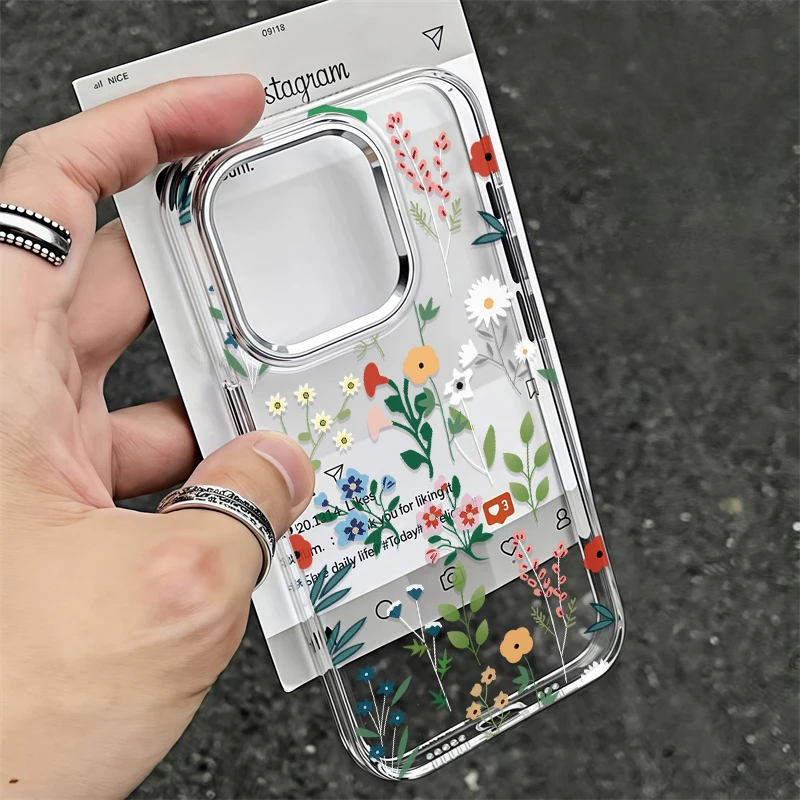 

Чехол для телефона IPhone 16, 15, 14, 13, 12, 11 Pro Max XS 16E 17 Air 7, 8 Plus, серебряная рамка с линзой, прозрачный корпус с цветочным узором