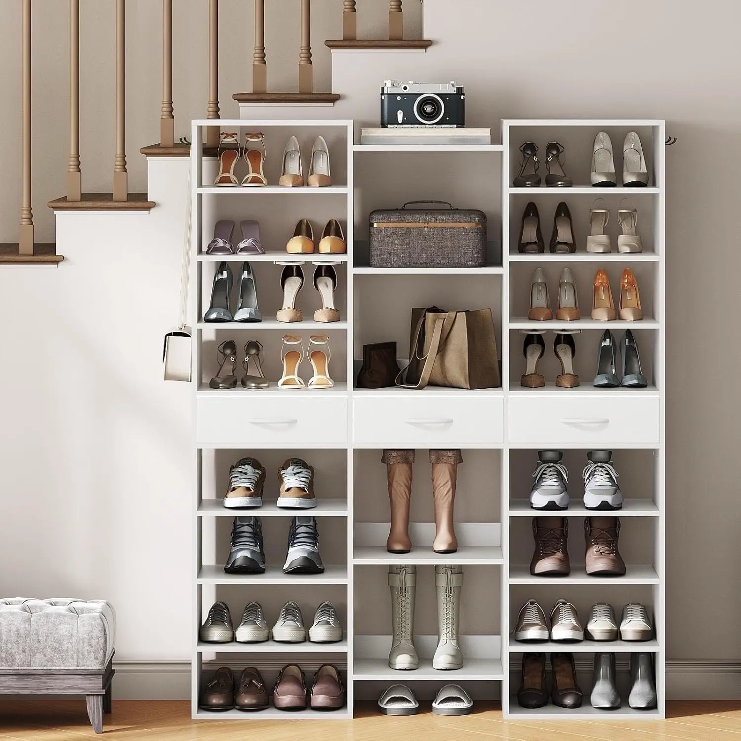 Tall Shoe Cabinet Nine Tier Fabric Drawer Holds Forty Four Pairs Entryway Organizer Twenty One Open Cubbies White Wood Closet Ha