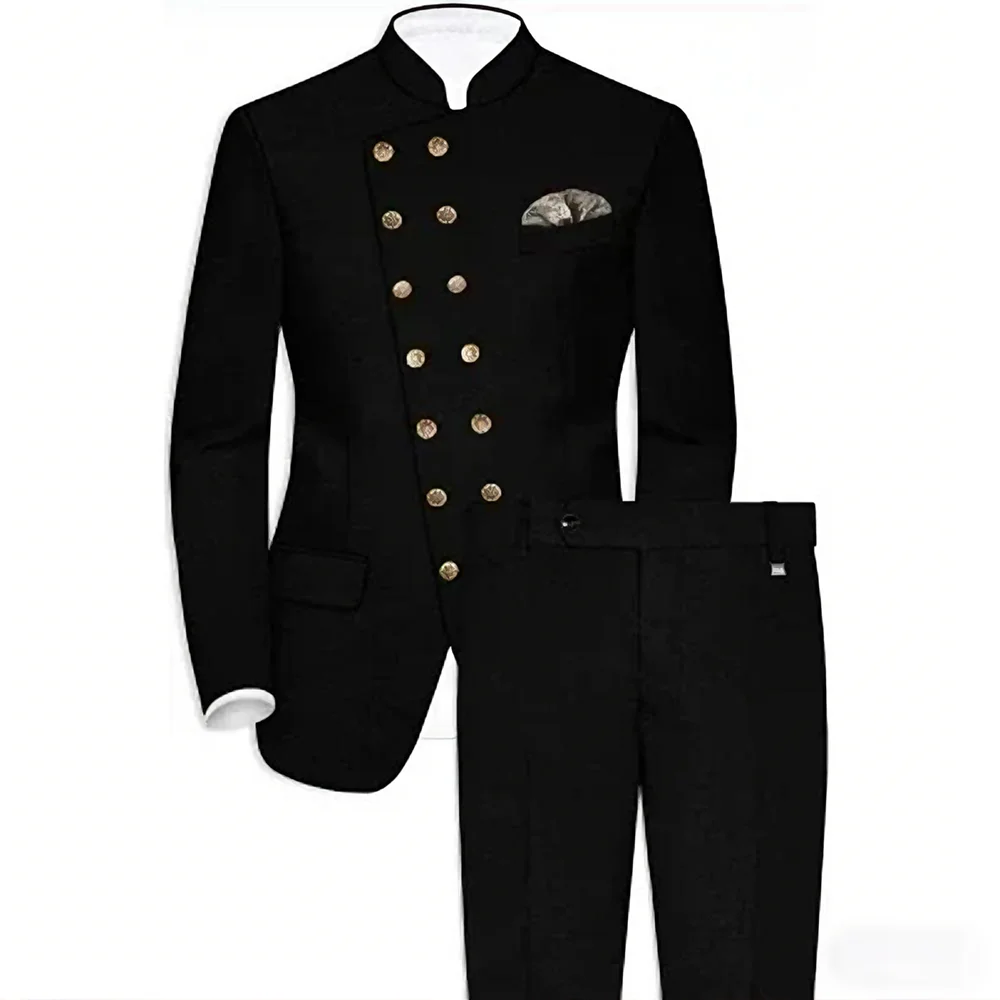 

Men's Mandarin Collar Suit with Double Breasted Slim Fit Blazer and Pants Set Formal Wedding Party Business Casual Suits 2 Piece