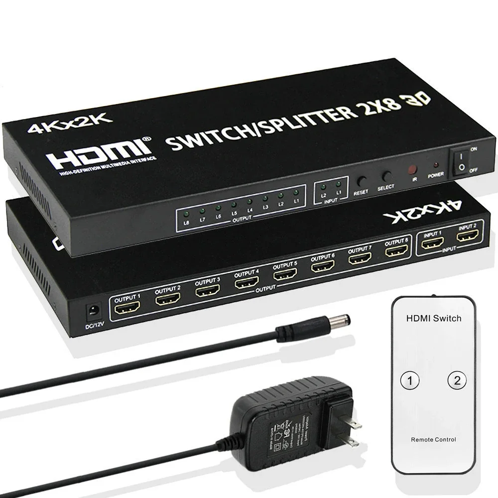 4K HDMI Switcher 2 in 8 out HDMI Switch Splitter 2x8 Video Distributor for Laptop PC to Multi Screen TV Projector Copy Display