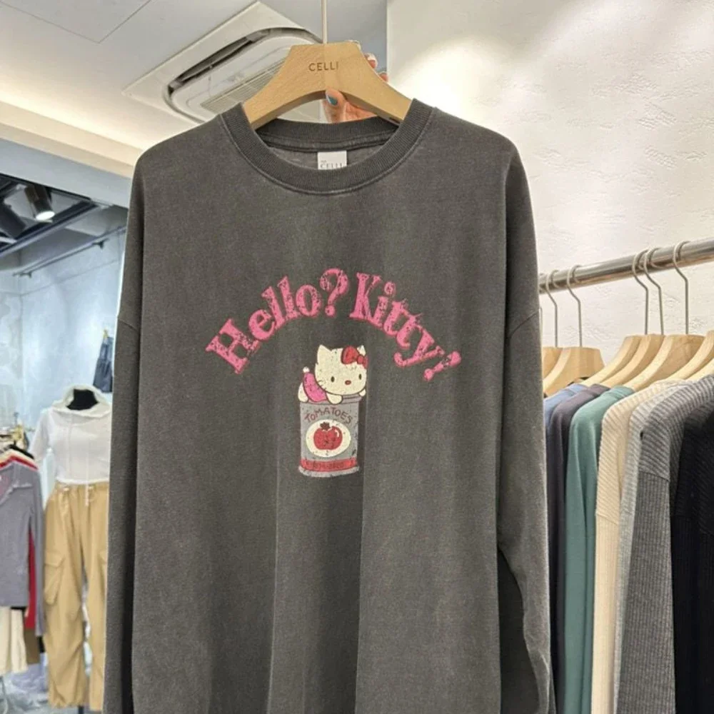 Miniso Hello Kitty T-shirt Cute Pure Cotton Printed Long Sleeved New Autumn Loose and Versatile Cartoon Letter Pattern Y2K Top