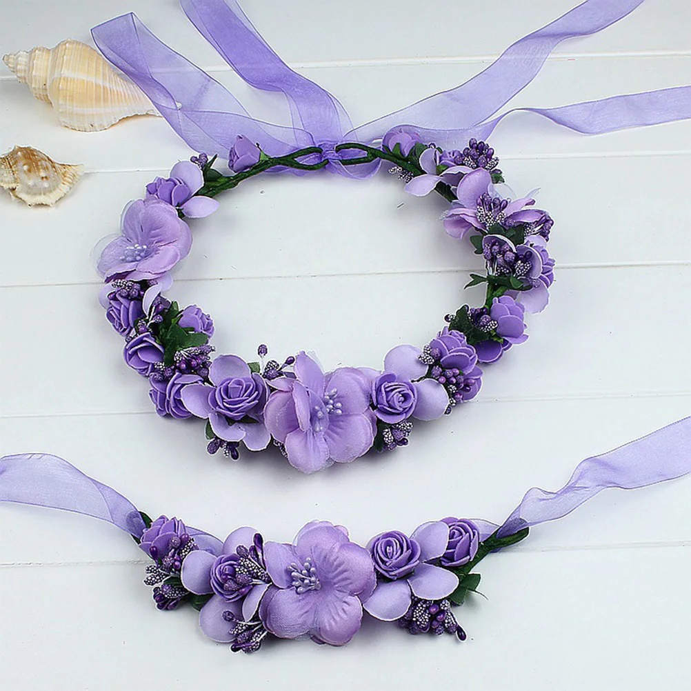 

Floral Headband with Adjustable Ribbon Elegant Sweet Design for Wedding Bridal Event Flower Crown Purple