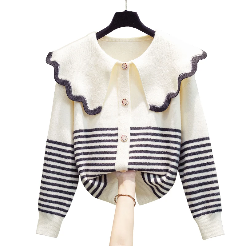 Peter Pan Collar Striped Sweater Single Breasted Knitted Cardigan Women\'s 2024 Spring Autumn New Korean Loose Versatile Coat