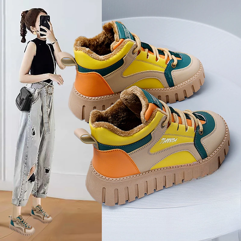 

White shoes, winter new style with added velvet, female student cotton shoes, height increasing sponge cake casual shoes