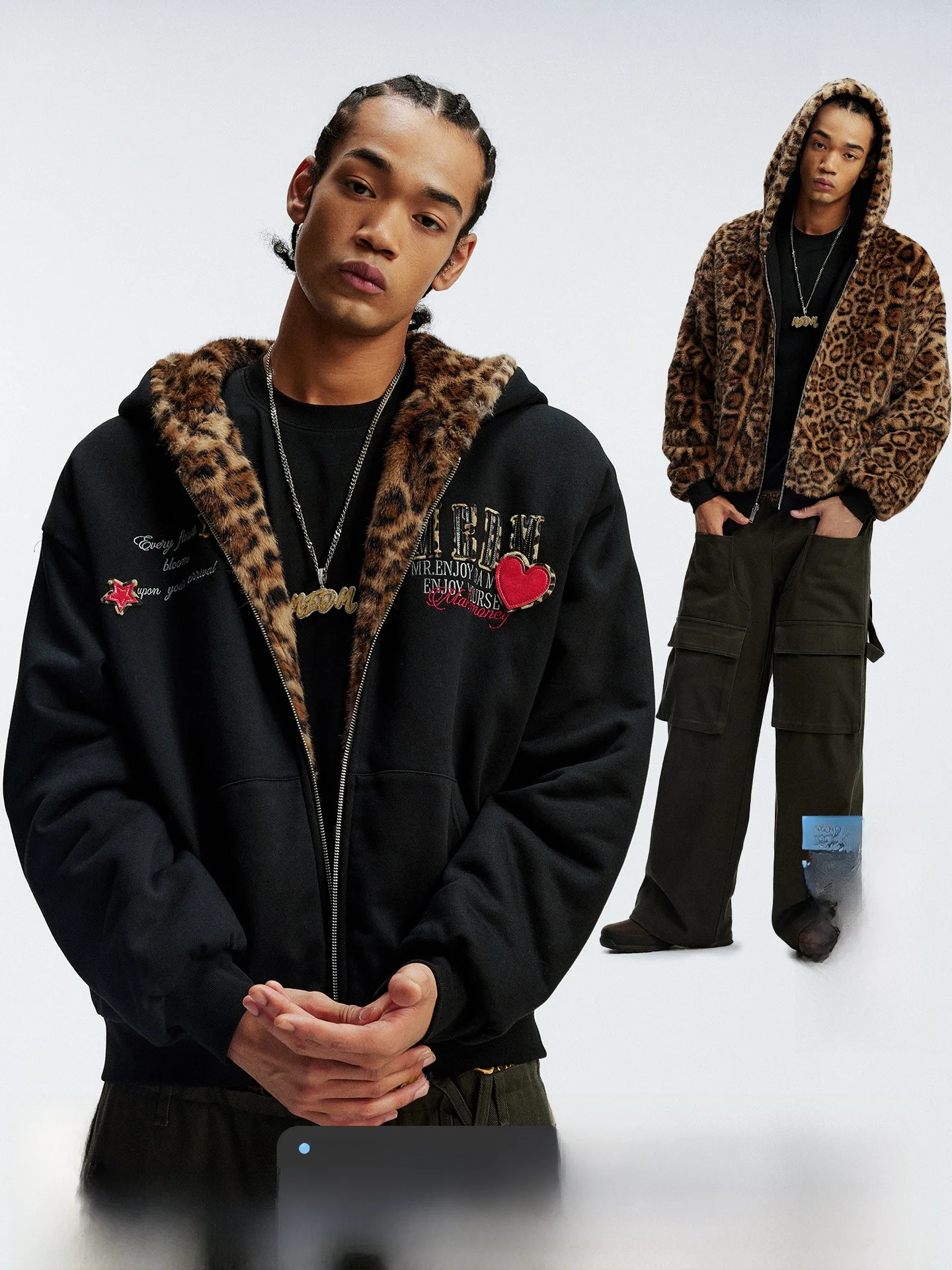 

Double-Sided Wear American Sle Cotton Jaet MEDM Painted Leather Hair Hoodie Zipper Casual Warm Love Heart Couple Coat