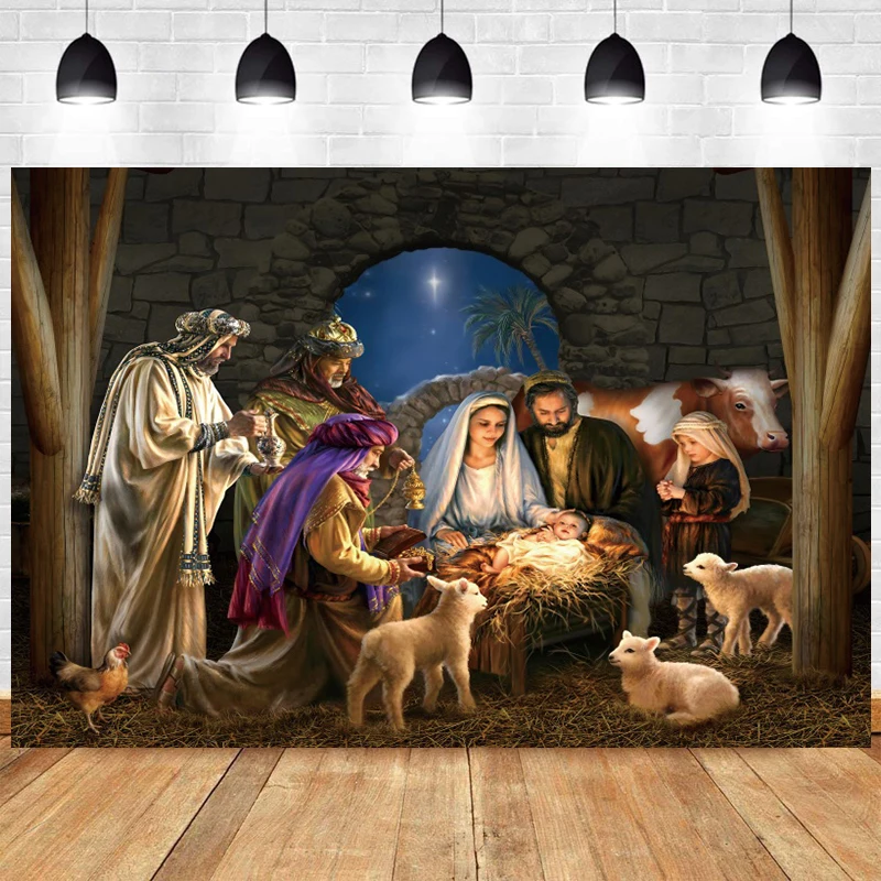 

Newborn Jesus Photography Background Christmas Nativity Manger Scene Religion Saint Pray Blessed Figures Birth of Jesus Backdrop