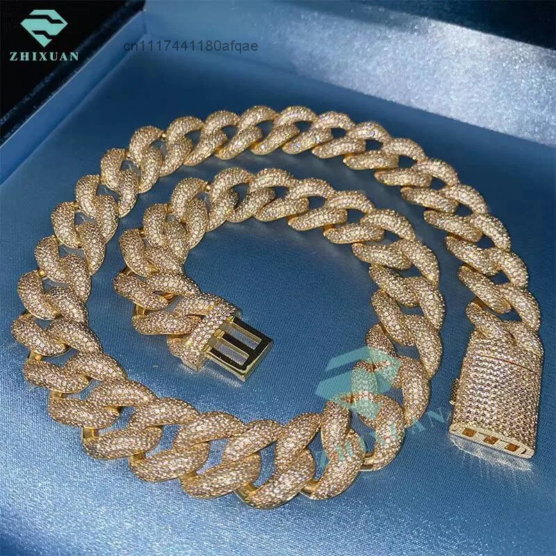 Zhixuan 925 Silver Customizable Hip Hop Cuban Link Necklace 18mm Full Ice VVS Moissanite Diamond.