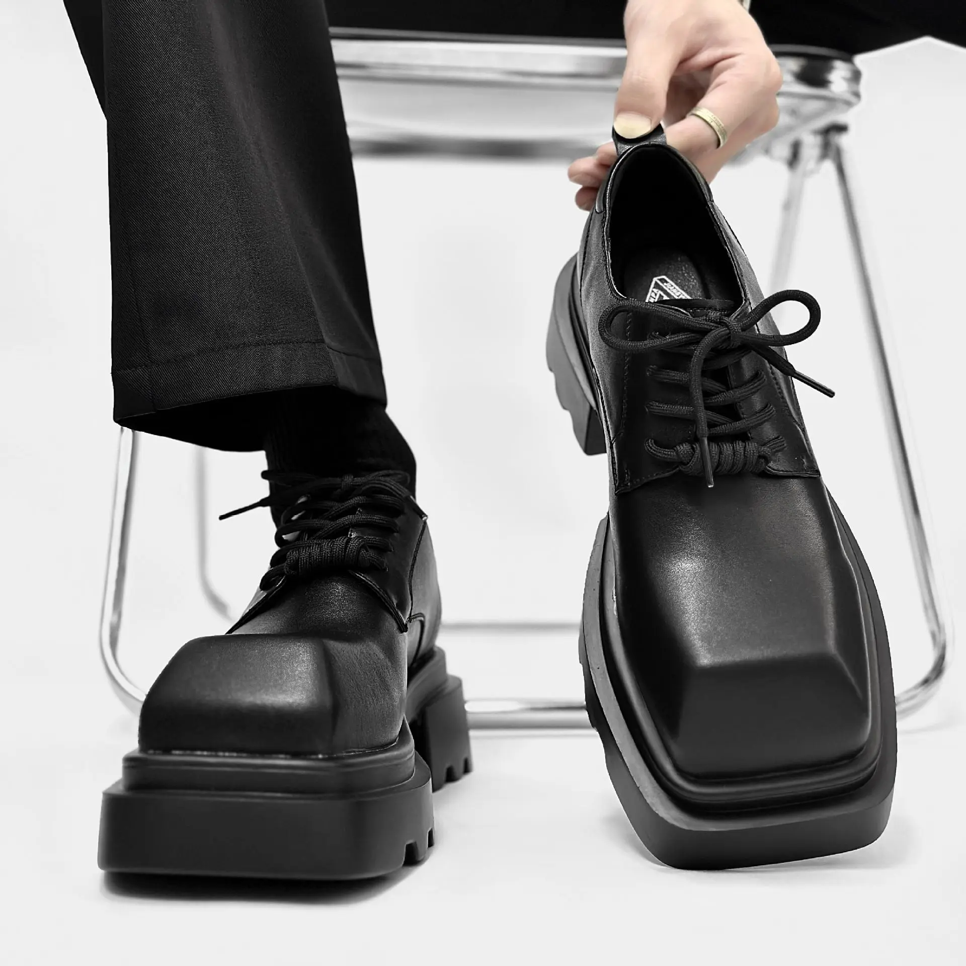 Square Head Leather Men's 2025 New British Style Shoes Platform Height-increasing Wedding Party Groom Sneakers Derby Boots