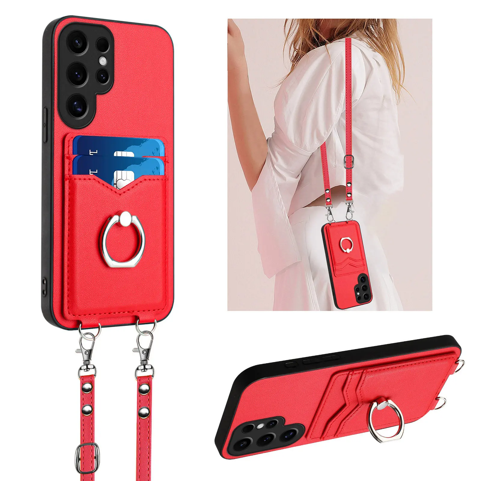 Crossbody Cards Solt Ring Holder Case For Samsung Galaxy S24 Ultra S23 Plus S22 S21 A55 A35 A15 A54 A14 A24 A34 Lanyard Cover