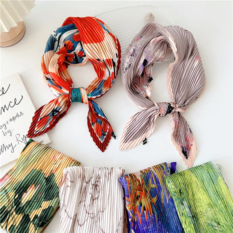 Fold Crumpled Kerchief Square Scarves Head Wrap Headscarf Bandanas Headband Wrinkle Neckerchief Hair Ribbon Scarves for Women