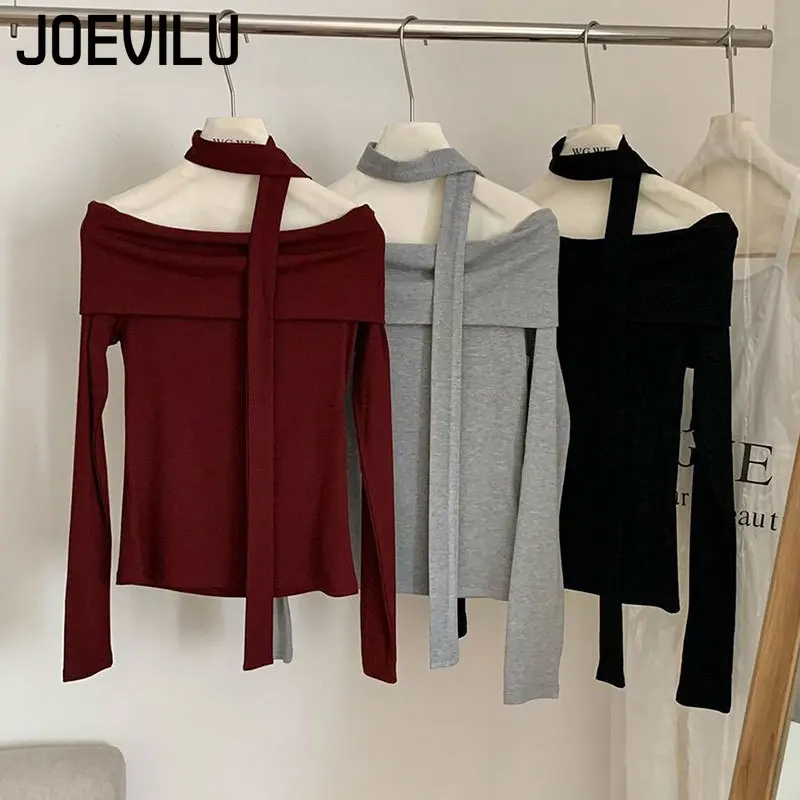 JOEVILU Babes Off Shoulder Scarf Halter Tops Women's Slimming Base Shirt Korean Kpop Long Sleeved T-shirt Fashionable Y2k Tee