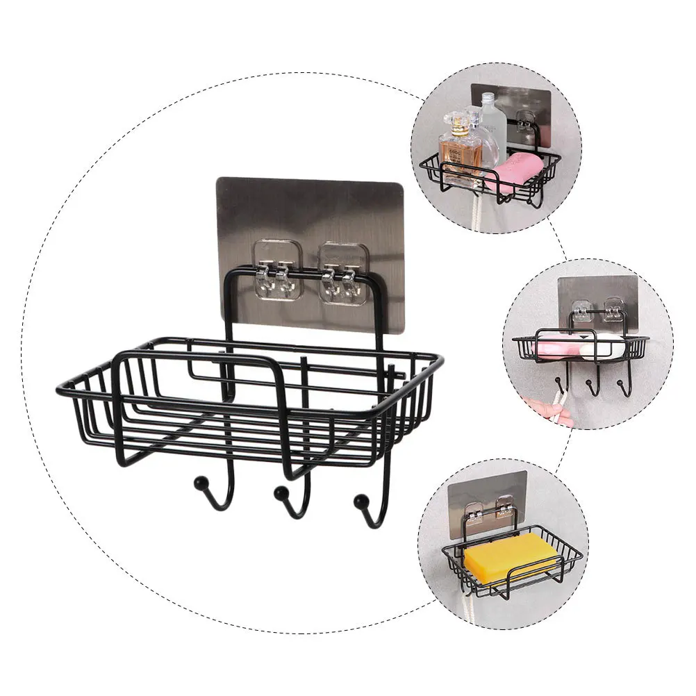 

1Pcs Wall-Mounted Soap Rack Black Iron Soap Storage Holder Hollow-Out Draining Stand with Hanging Hook for Kitchen Bathroom