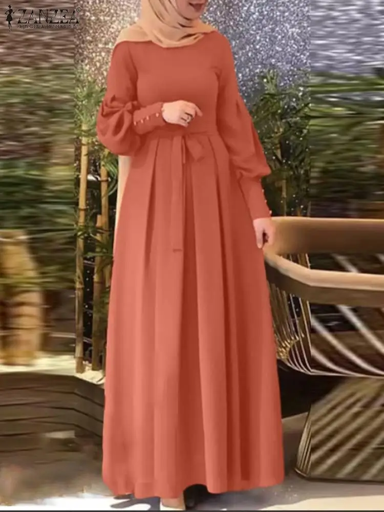 

ZANZEA Fashion Muslim Hijab Dress Autumn Solid Abayas For Women Elegant Maxi Dresses Full Sleeve Sundress Causal Party Vestidos