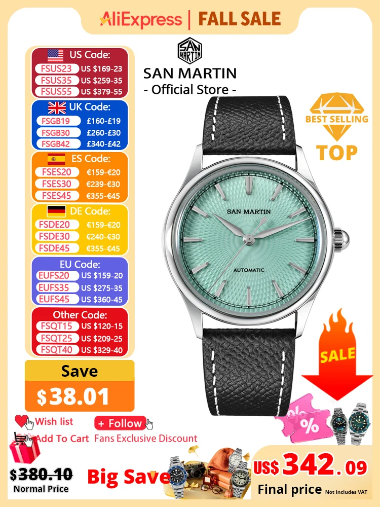 San Martin 37mm Men Dress Watch 3D Textured Dial ST1812 Casual Fashion Automatic Mechanical Sapphire Clear Caseback SN0110