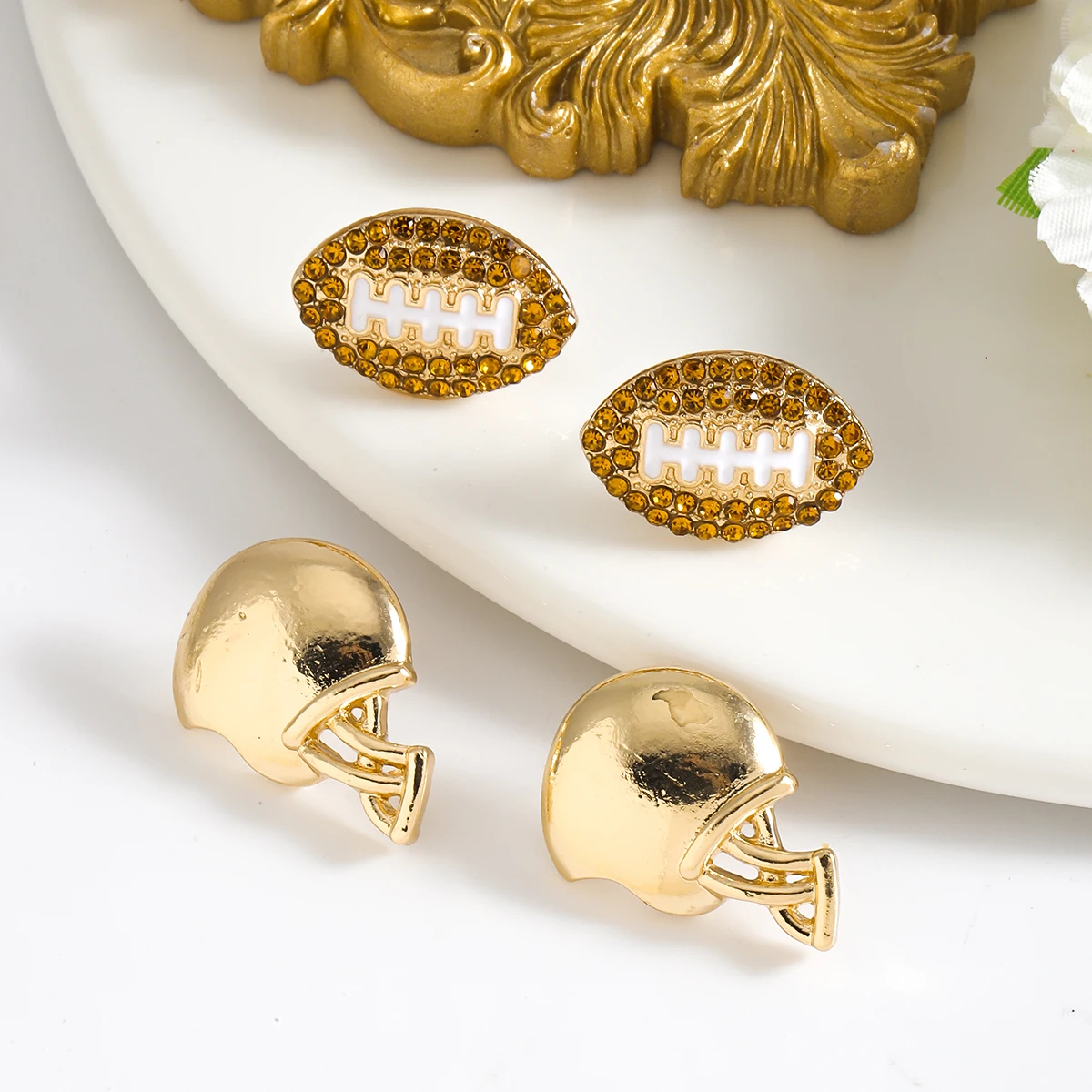 4 Pcs/set Rhinestone Sporty Stud Earrings Creative Designed Basketball Baseball Table Tennis Sport Earrings For Women Accessory