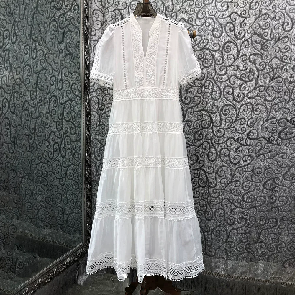 

White Long Dress 2026 Summer Fashion Style Women V-Neck Hollow Out Lace Embroidery Patchwork Short Sleeve Beach Long Maxi Dress