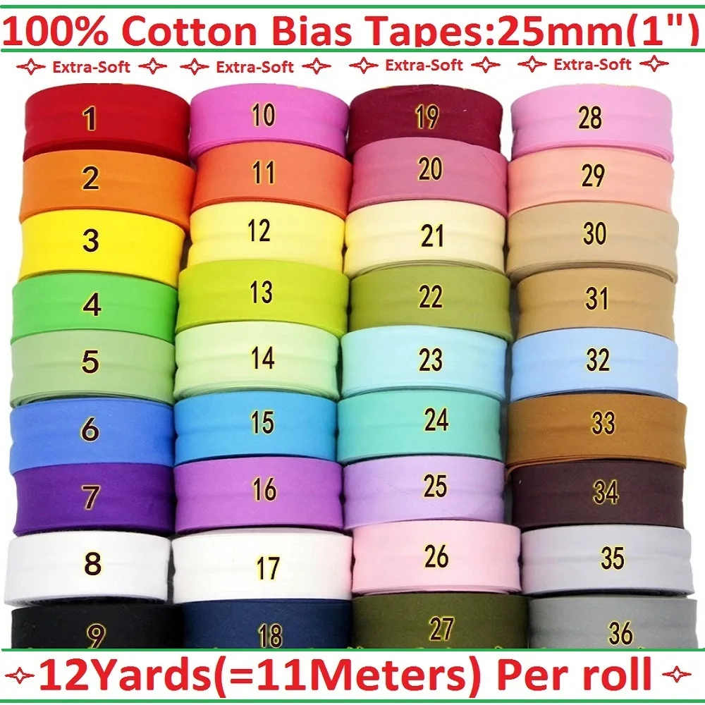 

25mm (1“) width Bias Tape 100% Cotton Extra Soft for Baby Cloth Skin-friendly Fablic Bias Binding Tape Ironed Folded 12 yards