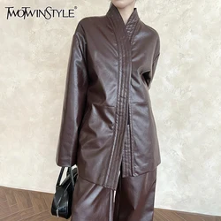 TWOTWINSTYLE Solid Minimalist Leather Jackets For Women V Neck Long Sleeve Patchwork Pocket Loose Casual Coats Female Fashion