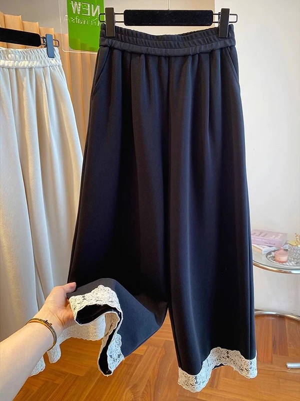 

High Waist Wide Leg Sweatpants Casual Spring Autumn ex Lace Trim Splicing Comfortable Loose Fit Straight Cut Trousers