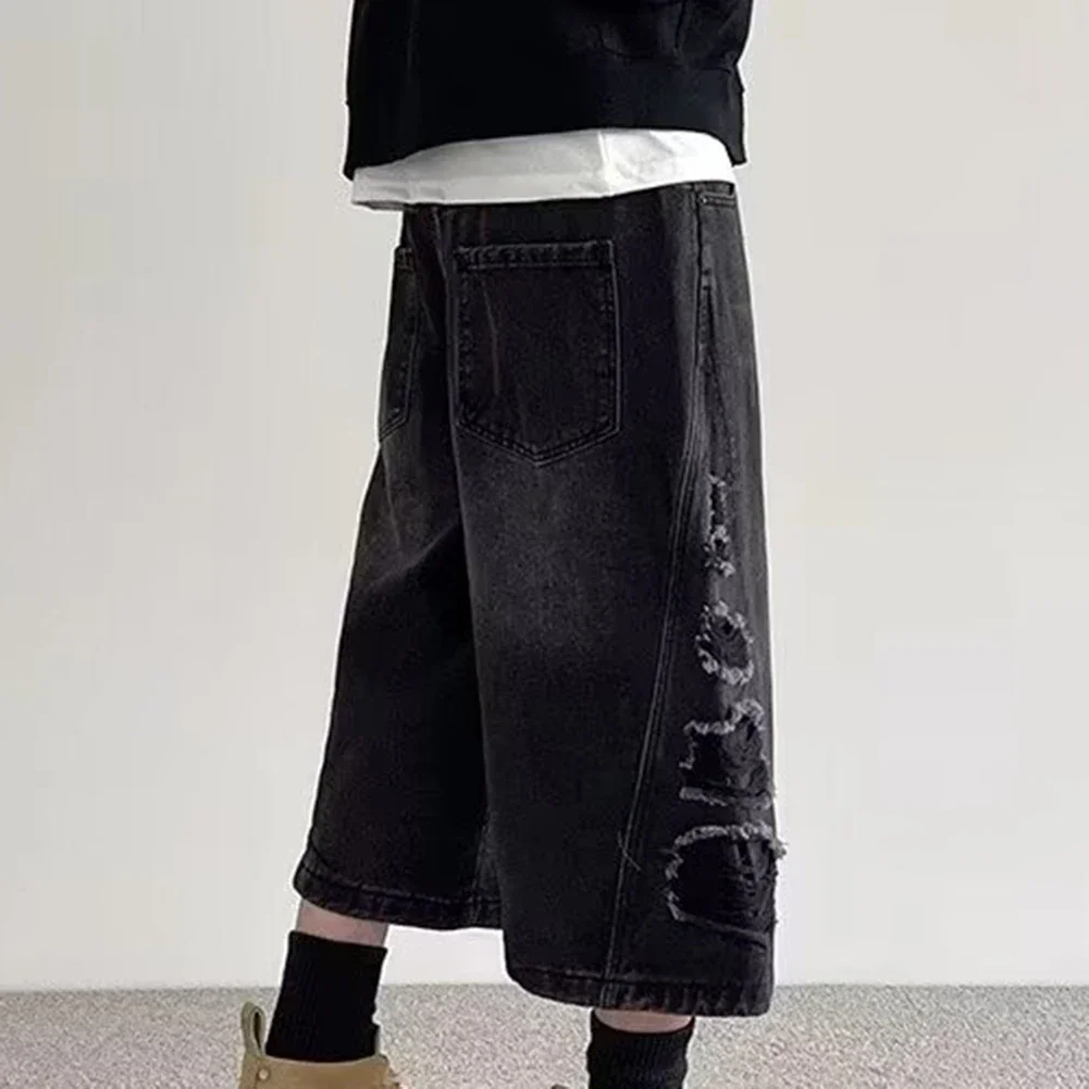 

Mens Washed Jeans Loose Straight Ripped Wide Leg Trendy Cropped Pants Casual