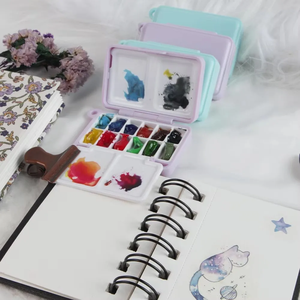 Fashion Mini Portable Travel Plastic Painting Box Palette 12 Grids Watercolor Paint Subpackage Purple Pigment Box
