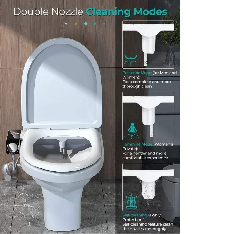 Non-Electric Bidet Hot Cold Warm Water for Toilet Seat- Self Cleaning Dual Nozzle Adjustable Pressure Water Bidet Toilet Seat