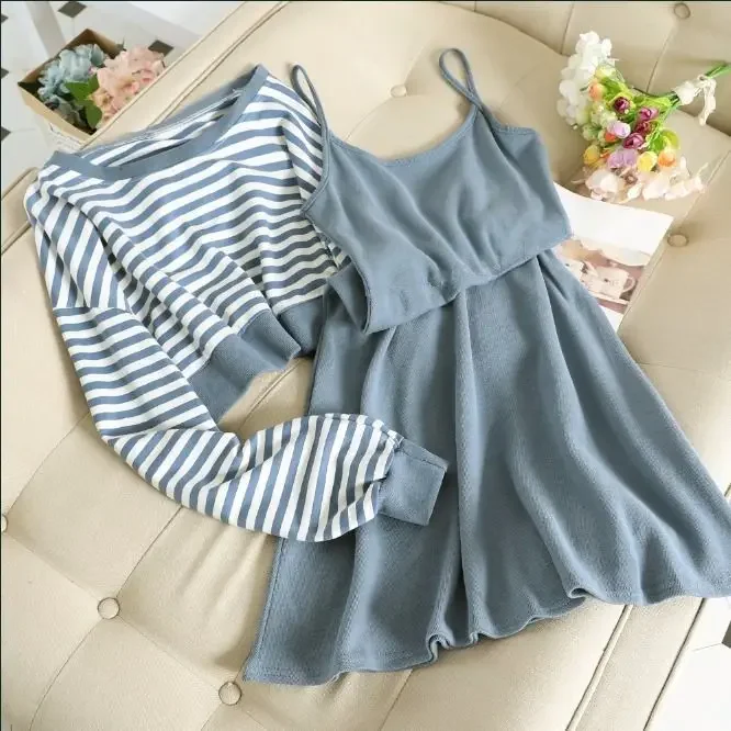 Striped Sweater + Suspender Skirt Two-piece Set 2020 Korean Casual Student Girl Suit Skirt  Sets for Women  Clothing