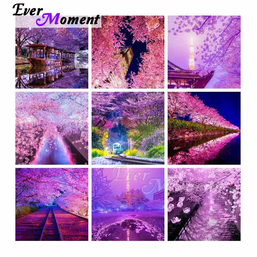

Ever Moment Diamond Painting DIY Full Square Round Resin Drills Tree Pink Cherry Blossoms Train Mosaic 5D Embroidery Kit ASF2098