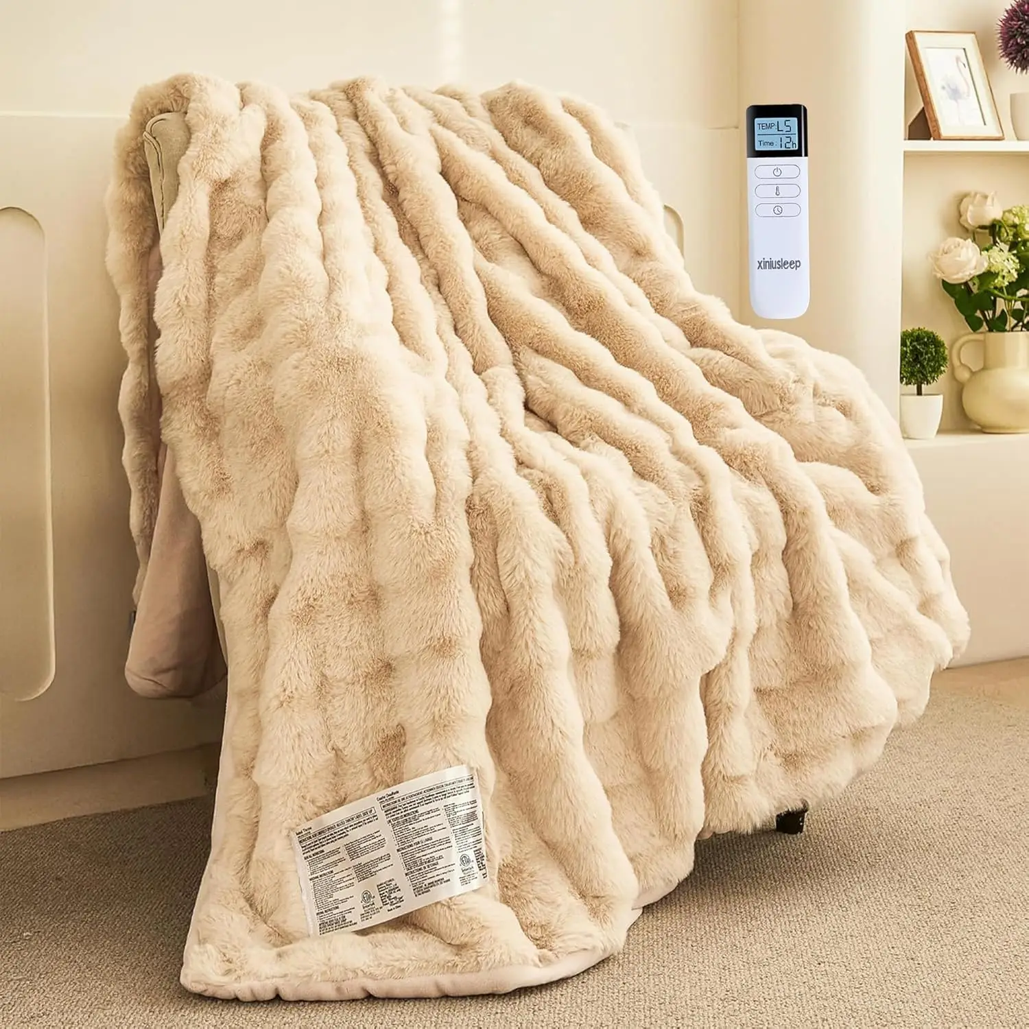 

Soft Faux Fur Heated Blanket 50x60 Inches with Remote, Overheat Protection, 12 Timers, 5 Heat Levels, Machine Washable