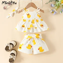 MiniFox Newborns Girls Clothes Summer Yellow Duck Sets For Baby Spaghetti-Strap Top and Belted Shorts Cute Infants Outfits