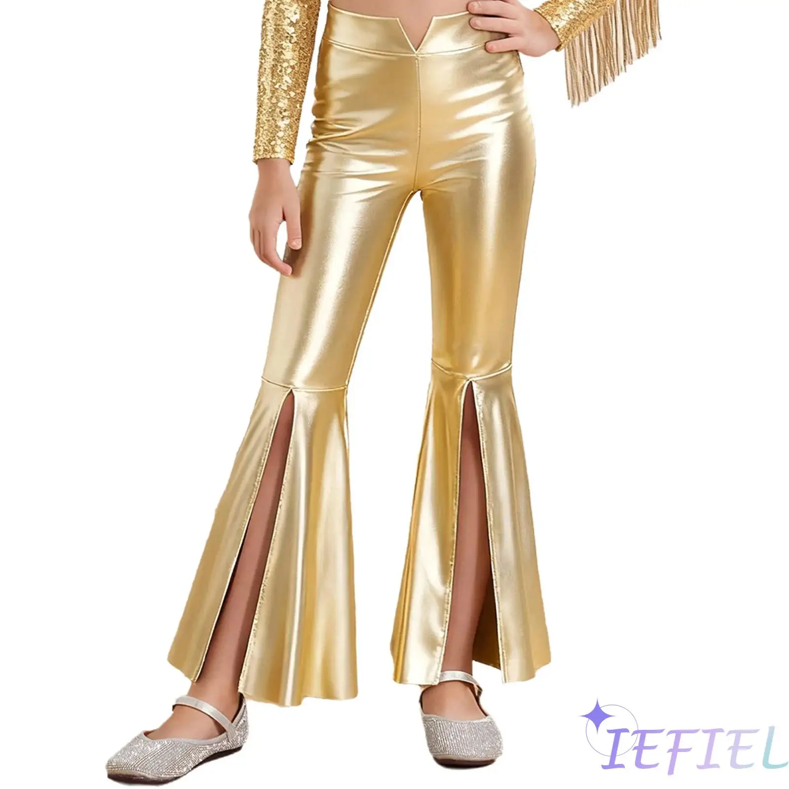 

Girls Stage Pageant Jazz Dance Costume Split Bell-Bottom Metallic Long Pants Hip Hop Disco Dance Outfit for Rock Music Festival