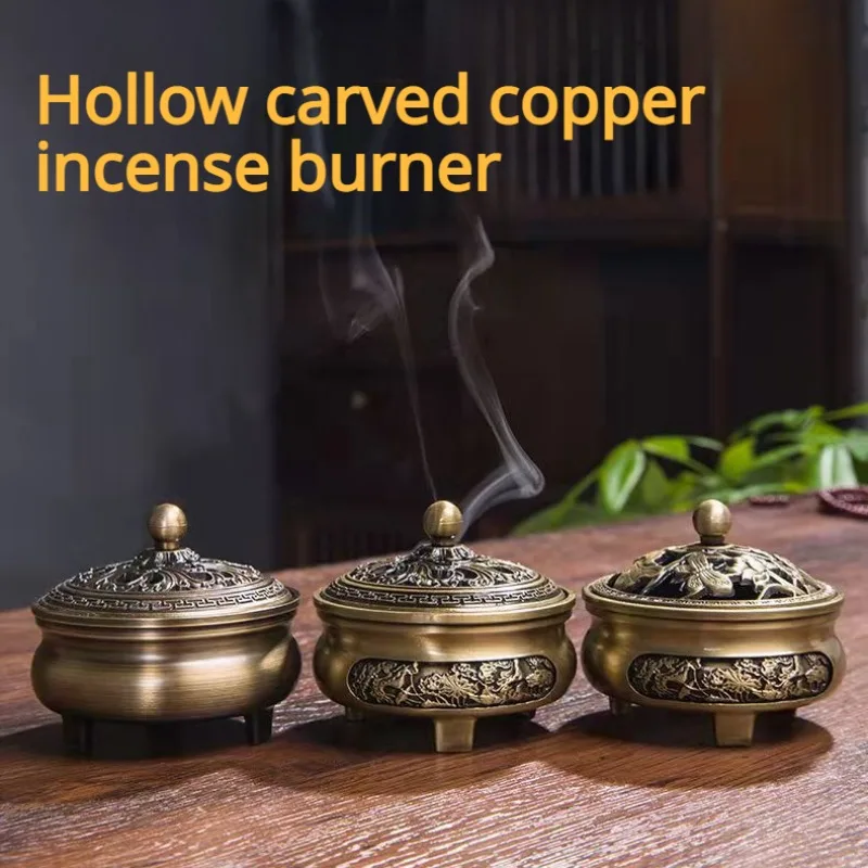 Antique Pure Copper Censer Three-legged Carved Incense Burner Household Indoor Zen Tea Room Office Decoration Incense Utensils