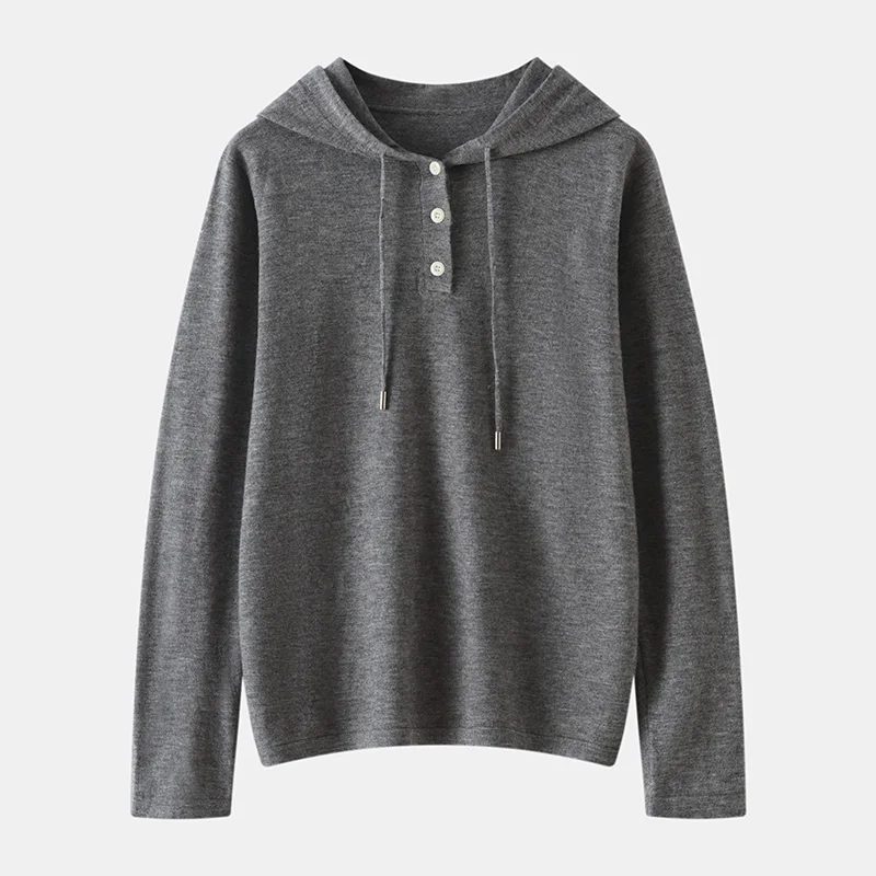 

Женский свитер из 100% камвольной шерсти, весна/осень, новый, однотонный, повседневный, вязаный пуловер свободного кроя с капюшоном, джемпер, топ