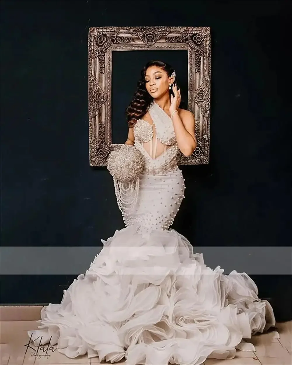 Customized  One Shoulder See Through Pearls Wedding Dresses For Women 2025 Robe De Mariée African Cascading Ruffles Bridal Gown