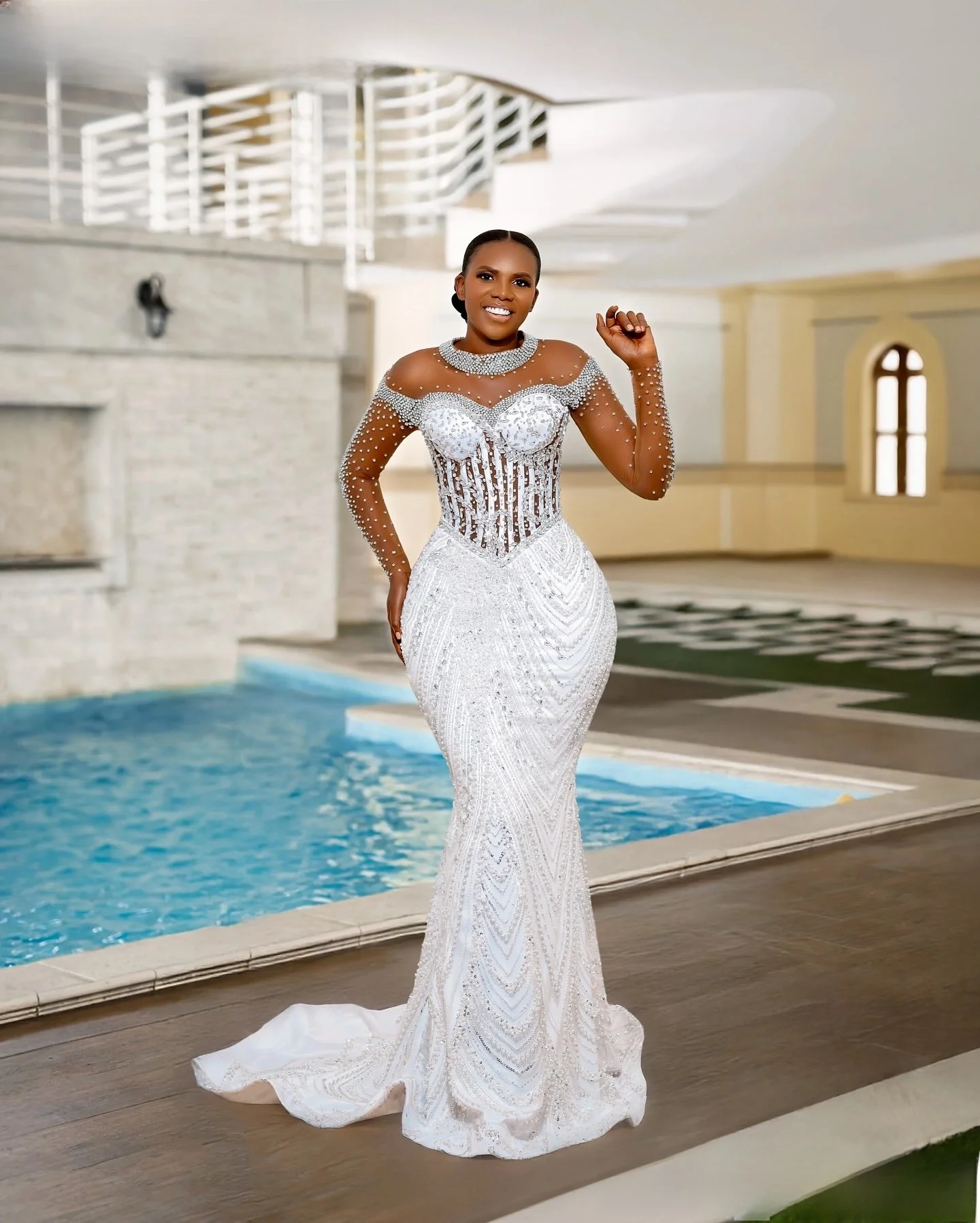 Customized High Collar Shinny Beads Crystals  Wedding Dress with Removable Ruffle Skirt  Robe De Mariée Long Sleeve  Bridal Gown