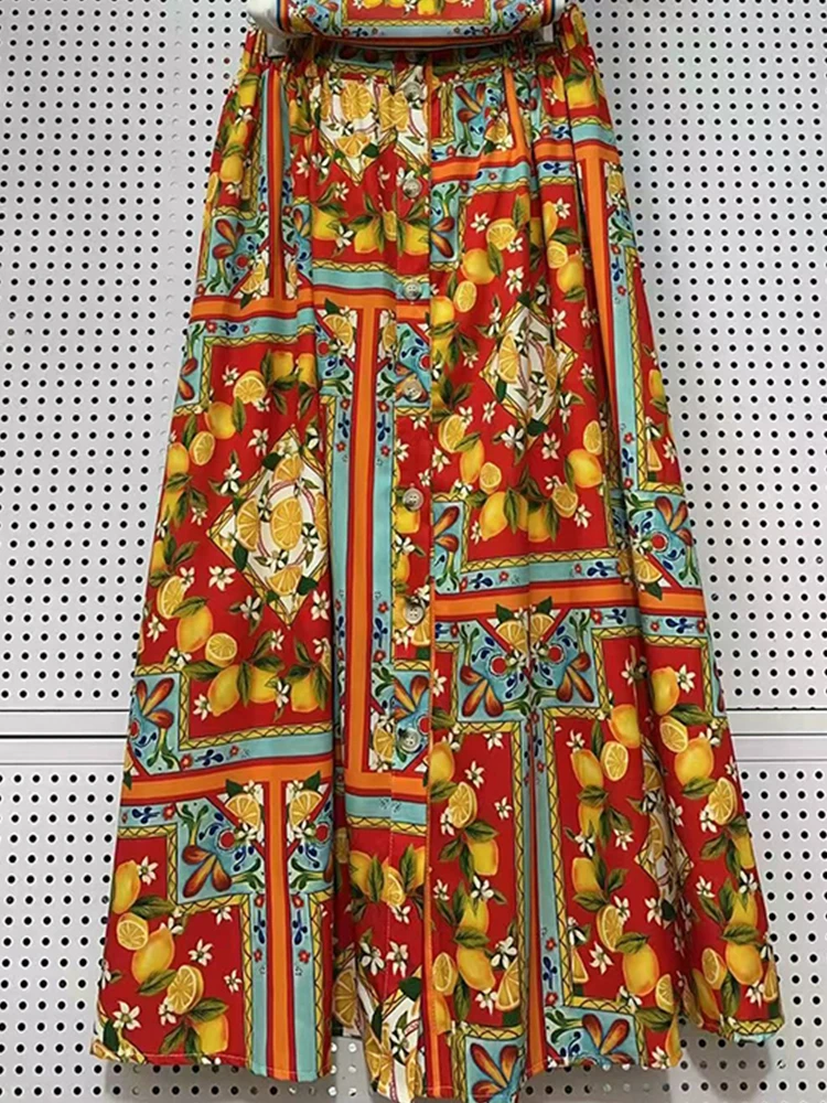 Vintage printed knitted T-shirt two-piece set for 2026 summer women's clothing+elastic waist single breasted loose skirt set view 6