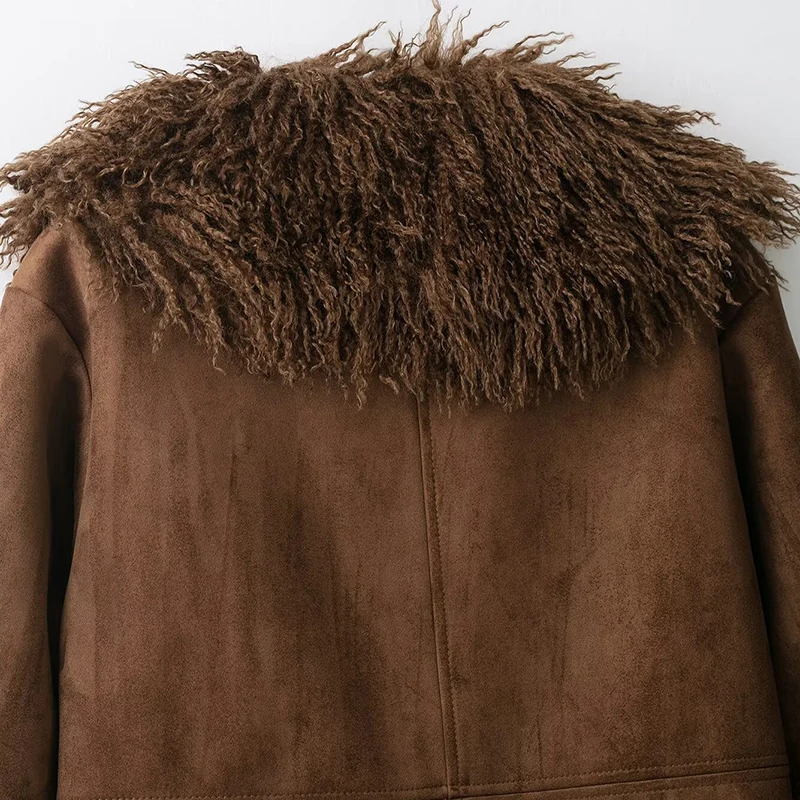 เสื้อแจ็คเก็ตหนังกลับผู้หญิง คอวี แต่งขนเฟอร์ สไตล์วินเทจ เสื้อคลุมฤดูใบไม้ร่วง เสื้อท่อนบนสุดชิค แจ็คเก็ตบอมเบอร์ เสื้อผ้าผู้หญิงสำหรับฤดูใบไม้ร่วง