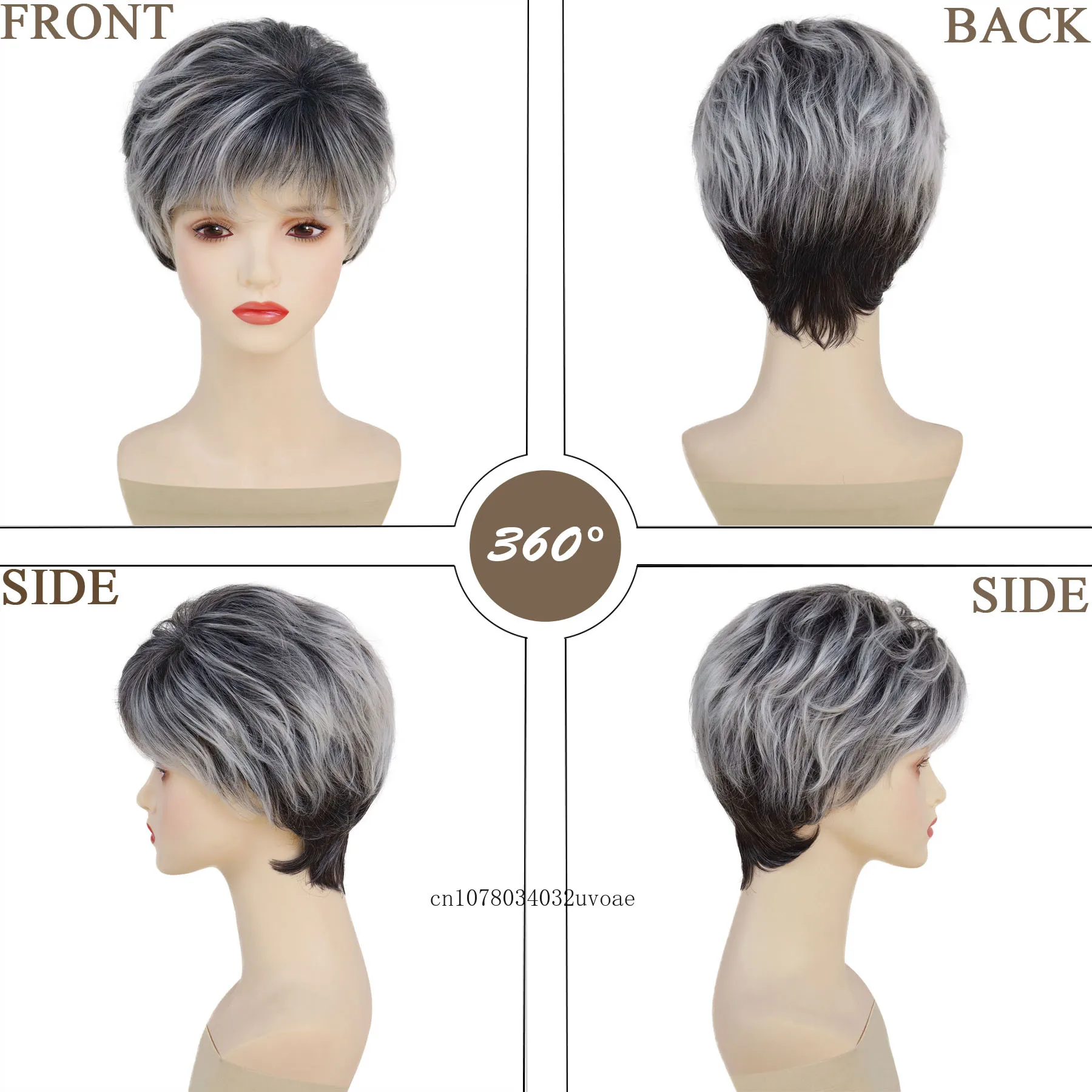 Synthetic Short Wigs for Women Black Mix Grey Wig with Bangs Curly Hairstyle Natural Pixie Cut Wig Cosplay Heat Resistant Female