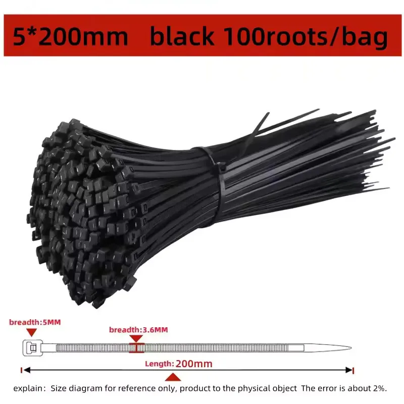 100 STUKS Zelfsluitende Plastic Nylon Tie Zwarte Bevestigingsband Kabelbinder-Set Kabel Zip Tie Bevestigingsring Zip Wraps Strap Tie