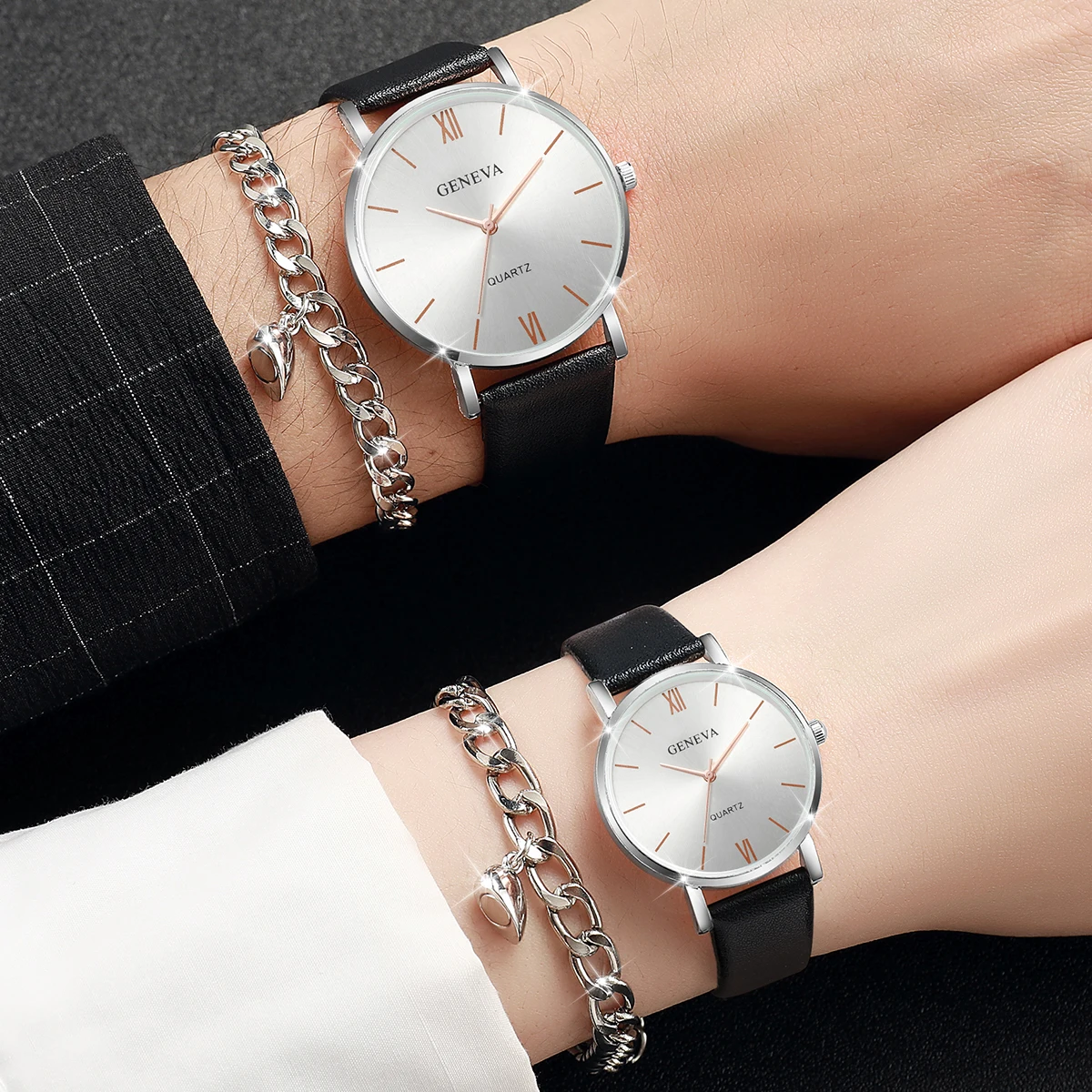 男の子と女の子のための多用途のクォーツ時計セット,カップルのためのトレンディなブレスレット,ロマンチックな愛,カジュアルな革,お祭りの贈り物