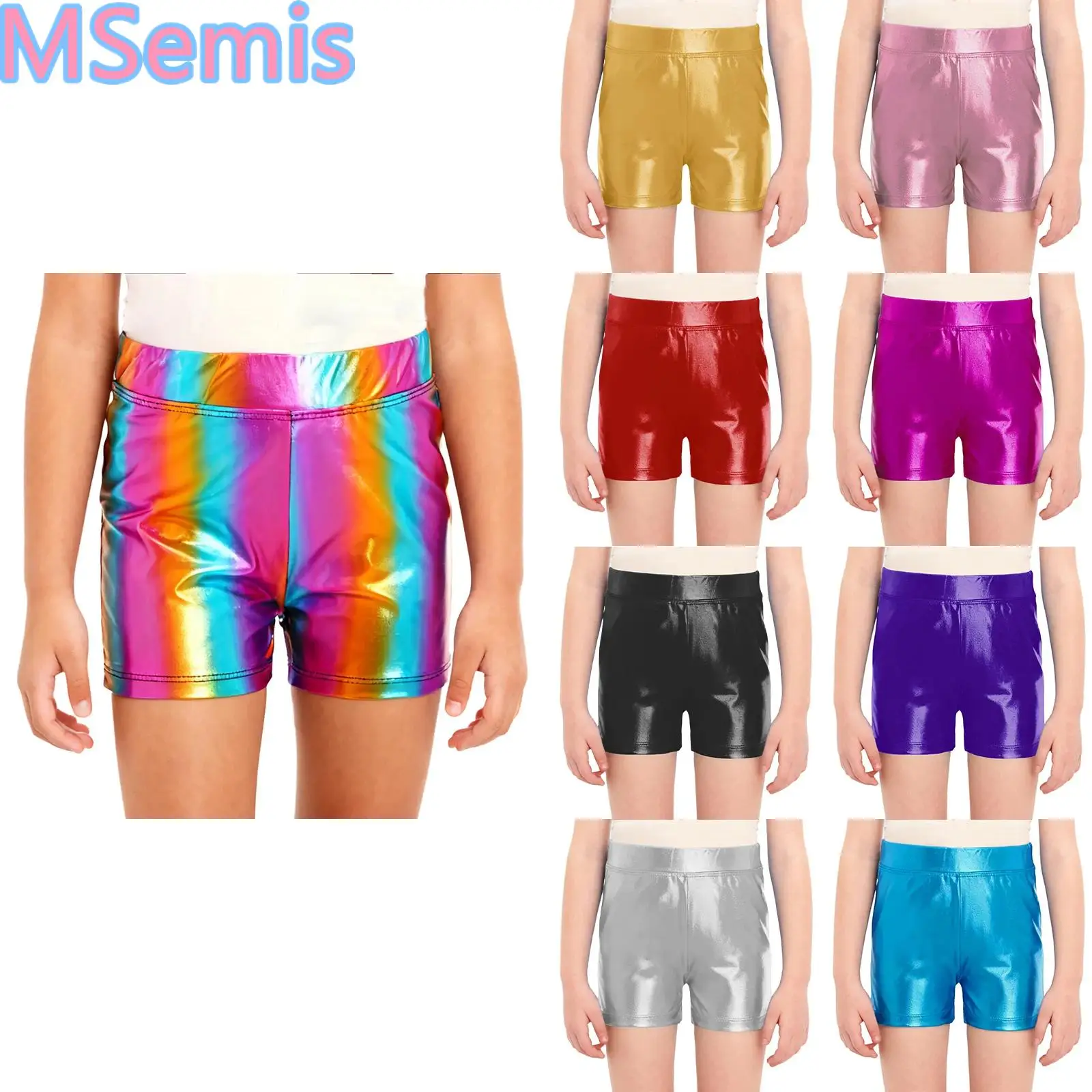 

Kids Girls Metallic Dance Shorts Elastic Waistband Shiny Hot Pants for Stage Performance Competition
