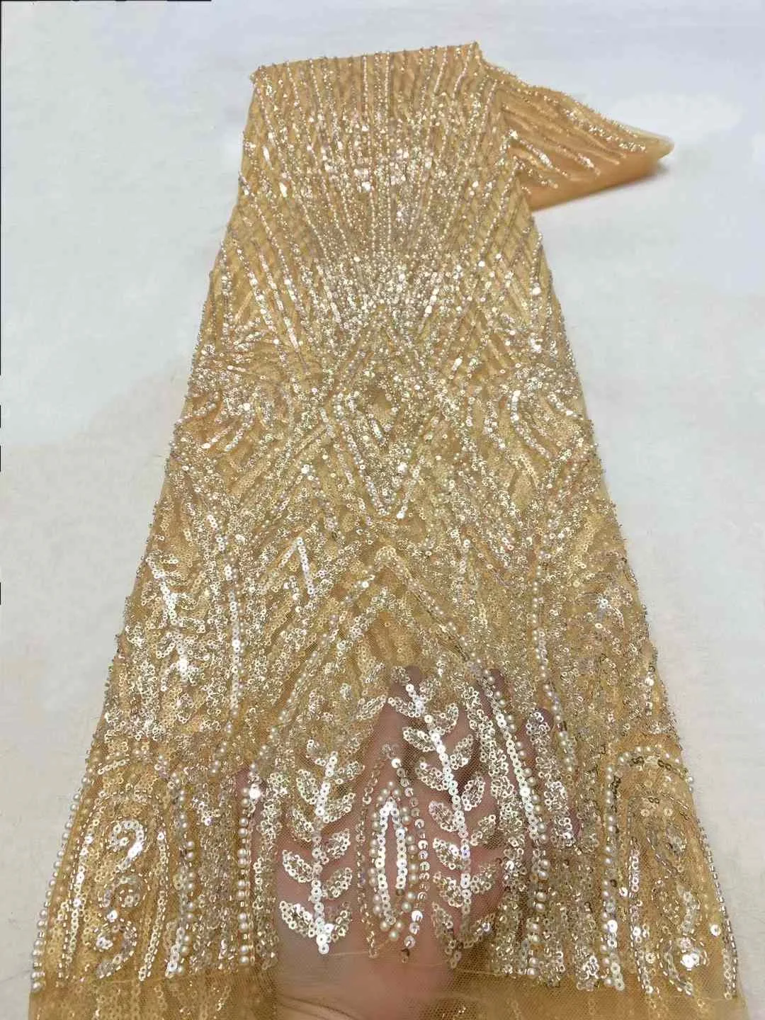 Handmade Gold Beaded Lace Fabric with Sequence Evening Dresses Luxury 2024 Orange Pearl And Crystal Fabric Lace For Sewing