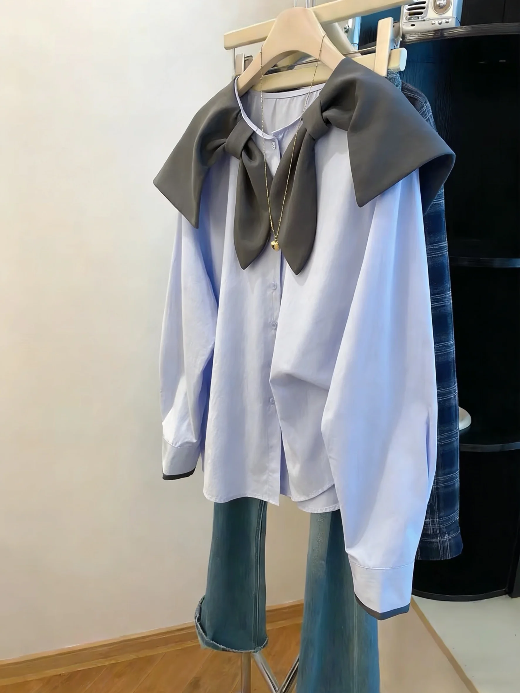 

Модная женская рубашка с голубым бантом и воротником-стойкой, свободного кроя, тонкая, для весны и осени, повседневная, с длинным рукавом