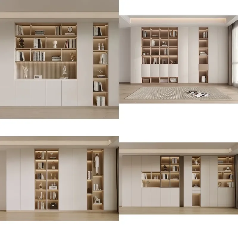 Modern Minimalist Solid Wood Modular Bookcase & Storage Unit Full-Wall Library Cabinet and Floor-Standing Unit for the Study
