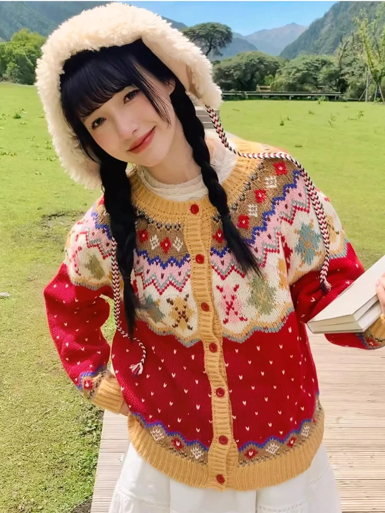 106 سنتيمتر تمثال نصفي خريف شتاء الأحمر بالأزرار البلوزات النساء Vintage أنيقة فضفاضة أيسلندا معرض جزيرة س الرقبة الصوف الدافئة محبوك البلوزات #3